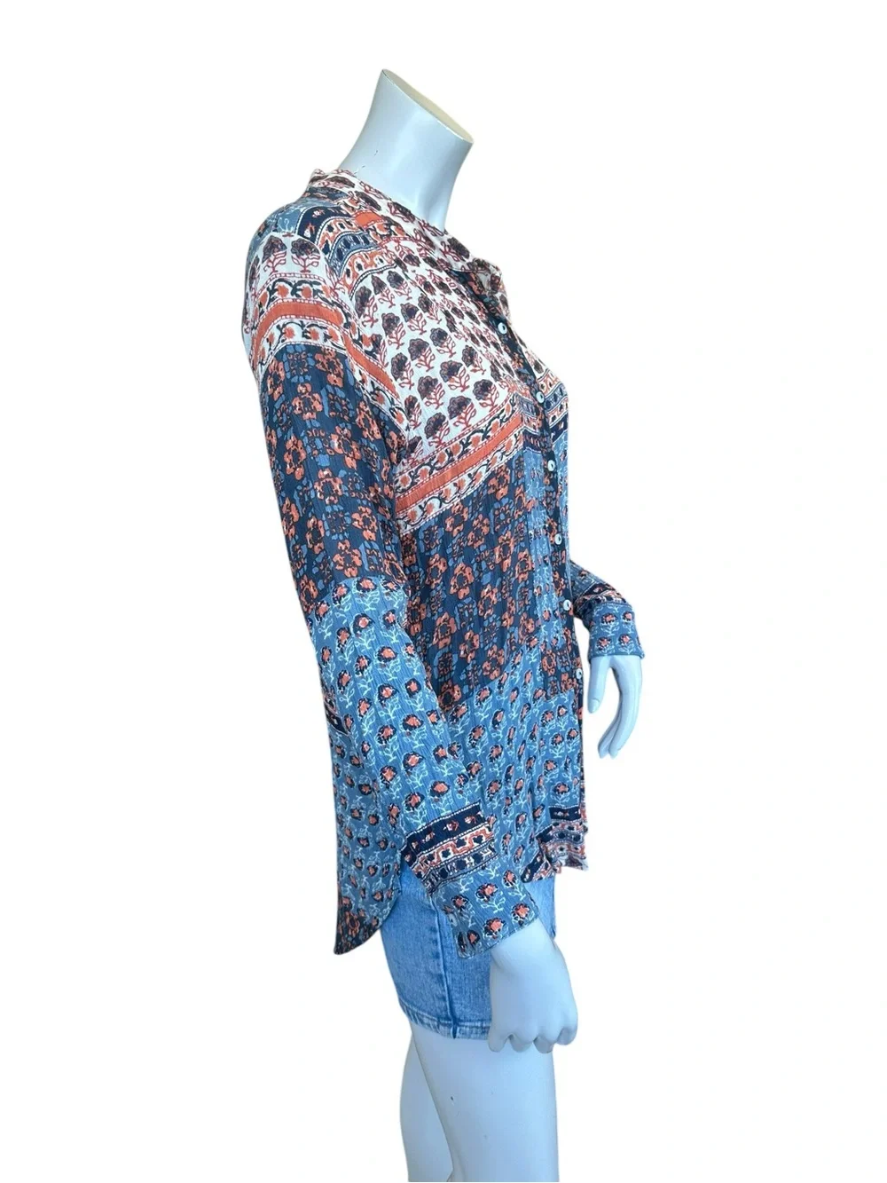 Free People Samba Orange Blue Paisley Tapestry Patchwork Boho Button Up Shirt XS